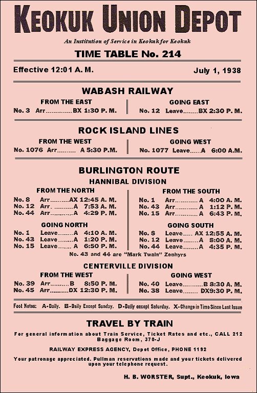 Keokuk Union Depot Timetable, July 1, 1938